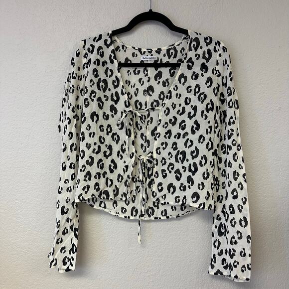 Reformation Romance Leopard Print Tie Front Top White Size XS - Picture 3 of 6